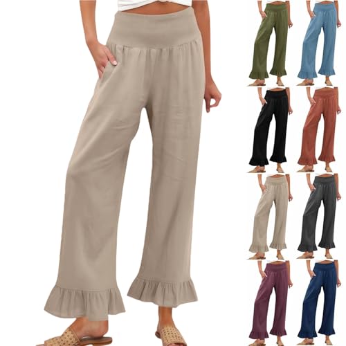 Image of Women Linen Pants Dressy Casual Summer Boho Ruffle Hem Wide Leg Cropped Pants Smocked High Waisted Palazzo Pant