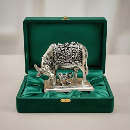Image of 999 Pure Silver Plated Kamdhenu Cow Idol | 4 Inch Vastu Home Decor | Symbol of Prosperity & Abundance | Auspicious Religious Gift for Pooja Room & Mandir