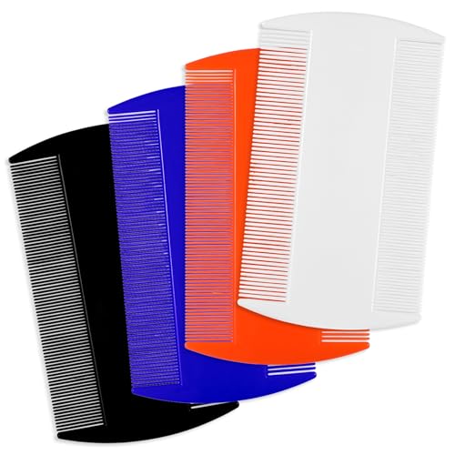 4PCS Lice Comb, Double Sided Flea Combs, Double-Sided Lice Flea Combs Fine Toothed Lice Comb, Cat and Dog Grooming Comb for All Hair Types (White, Deep Blue, Orange, Black)