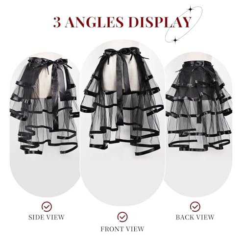 iHUFeather Victorian Steampunk Bustle Skirt Layered Tie on Belt Tulle Tutu Short Overskirt for Women(Black)