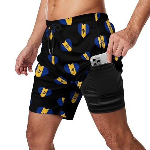 Flag of Barbados Heart Mens Swim Trunks Swimming Board Shorts with Compression Liner Summer Beach Bottom2