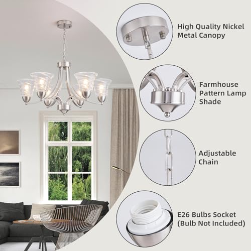 Image of Modern Brushed Nickel Farmhouse Chandelier 6 Light Silver Chandeliers for Dining Room Adjustable Height Hanging Light Fixture with Clear Glass Shade,Pendant Light Fixture for Living Room Hallway Foyer