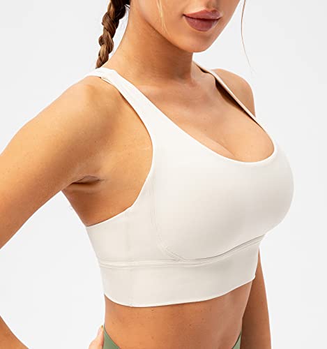 Lavento Women's Cross-Strap Sports Bra Longline Padded Medium Support Workout Yoga Bras Tops (Light Ivory, 6) #TOP6