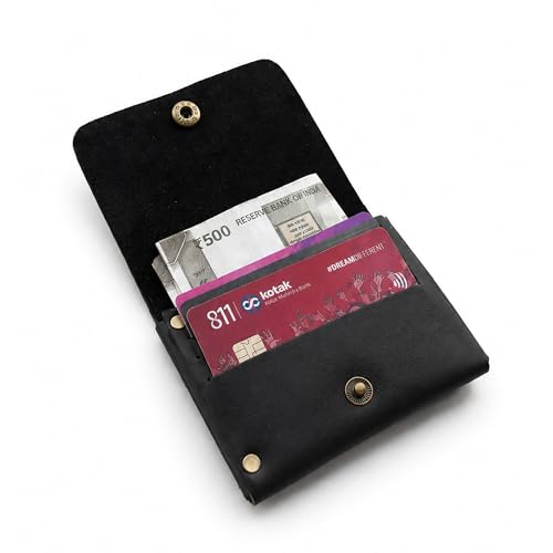 Image of STRUTT Crushed Finish Genuine Leather Batua Wallet for Men & Women | Handcrafted Black Leather Cash & Card Holder | Snap Button Closure | Compact Ethnic Money Pouch