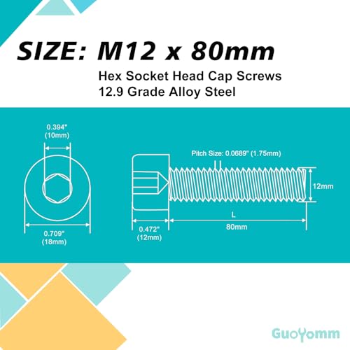 GuoYomm M12-1.75 x 80mm 4pcs Hex Socket Head Cap Screws Bolts, 12.9 Grade Alloy Steel, Black Oxide Finish, Metric Allen Drive, Full Thread by GuoYomm - Image 2