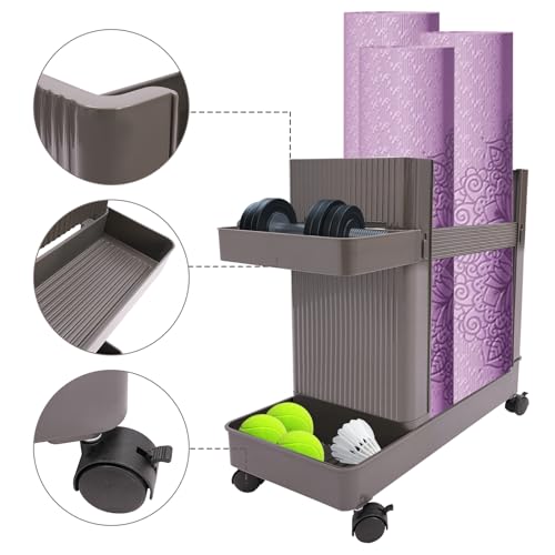 JAYGOVAN Home Gym Storage,2 Tiers Workout Equipment Organizer with Wheels Workout Equipment Storage Organizer Yoga Mat Storage Racks Home Gym Storage Rack for Yoga Mats, Foam Roller, Dumbbells (Gray) - Thumbnail 5