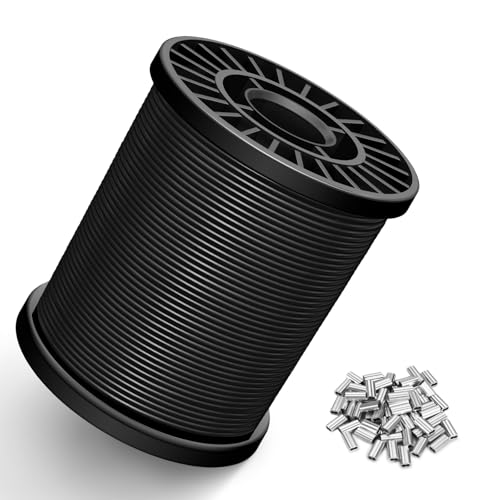 KALLSDY Black Vinyl Coated Wire Rope 1/16 200FT 304 Stainless Steel Cable with 60PCS Aluminum Crimping Loop Sleeves for String Light Cable Clotheslines Trellis and Light Picuture Hanging