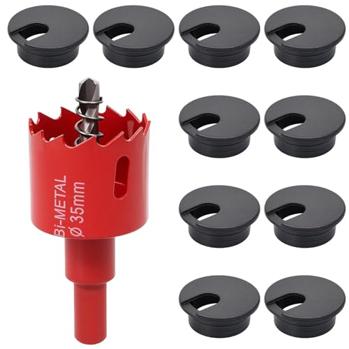 10 Stück Schreibtisch Kabeldurchführung Schreibtisch,Tisch Kabeldurchführung,mit 35mm Lochsäge mit 1 x Sechskant Adapter,Kabel Durchführungen für Tisch Büro Arbeitsplatten(Schwarz)