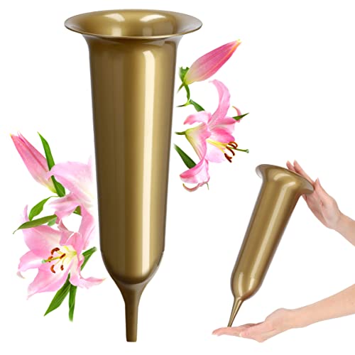 KADAX Jarrón funerario, jarrón de plástico, florero de plástico para Flores, jarrón de Cementerio, Resistente a Las heladas, jarrón para Tumba, decoración Resistente (13,5 cm, con estaca, Dorado)