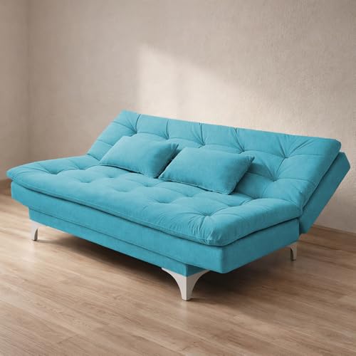 Image of Krancy Solid Wood 3 Seater Sofa Cum Bed with Ottomon | Convertible Wooden Couch for Living Room, Home & Office | Modern Designer Furniture | 1 Year Warranty | Turquise Color