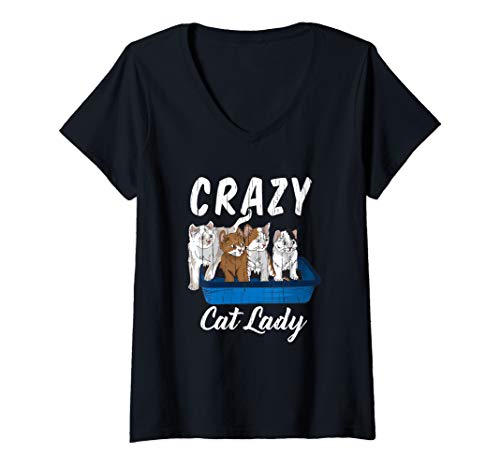 Damen Crazy Cat Lady Tierliebhaber T-Shirt mit V-Ausschnitt
