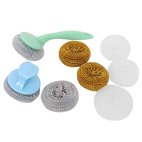 HERLLY Dish Scrubber Sponges Household Cleaning Magic Eraser Scouring Pads for Kitchen 8PCS with Long Handle and Short Handle Colour Mix