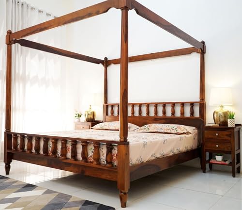 Image of Sheesham Solid Wood Allure Poster Bed Without Storage King Size Bed for Beautiful Bedroom (King, Honey)