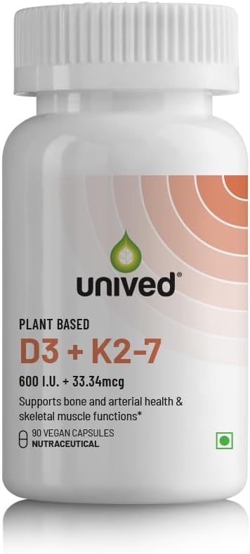 Unived D3+K2 (MK-7) | Vitamin D3 & Vitamin K2-7 (MenaquinGold) | Immunity, Heart, Muscle, & Bone Health | Plant-Based & Natural | 90 Vegan Capsules