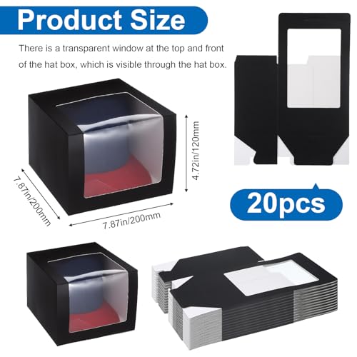 20pcs Hat Boxes for Men Black Hat Gift Box with Window Display Box for Hats Storage Containter,Paper Hats Display Case Fold Box Packing Box for Baseball Caps,Dad Caps,Billed Cap(7.87" x 7.87" x 4.72")