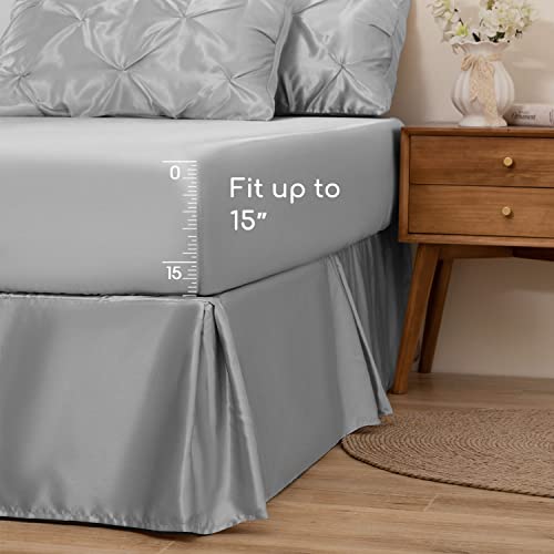 MR&HM Satin Comforter Full 7 Pieces - Luxurious Pinch Pleat Bedding Set with Comforter, Flat Sheet, Fitted Sheet, Pillowcases & Shams, Super Silky Soft Bed Set for All Season (Full, Silver Grey)