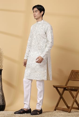Image of Majestic Man Men's Cotton Regular Fit Casual Mandarin Collar Ethnic Motifs Printed Long Regular Kurta