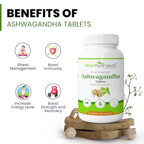 Image of Attar Ayurveda Ashwagandha tablet (500mg) - 60 tablets | General Wellness | Stress Relief | Improves Strength and Energy | Pure and Natural