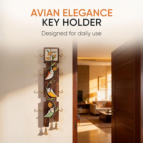 Image of AAKRITI ART CREATIONS Key Holder, Avian Elegance Key Holder | Rustic Wooden Wall Organizer with 8 Hooks | New Home Gifts | Multifunctional Entryway Decor Item