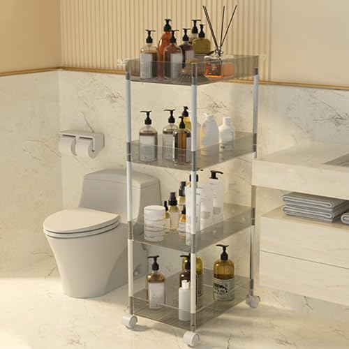 Carrito de almacenamiento acrílico delgado con ruedas – 4 estantes deslizantes con ruedas para lavandería, baño y cocina, color gris