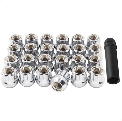 Image of Wheel Accessories Parts 24 Pcs M14x1.5 14x1.5 Thread Open End Bulge Acorn 25mm 1.00 inch Long Lug Nuts Chrome 7 Spline Truck Hex Fits Chevy Silverado GMC Sierra RAM 1500 Ford F150