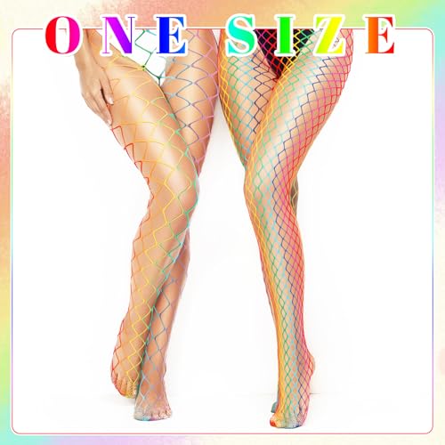 Coume 2 Pcs Rainbow Fishnet Stockings for Women Halloween Rainbow Clothing Accessories Lgbtq Accessories Gay Pride Gifts Stretch Fishnet Stockings for Halloween Party Cosplay2