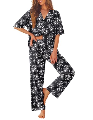 Image of Ekouaer Women Pajamas Set Button Down Sleepwear Short Sleeve Pjs Soft Comfy Nightwear with Long Pants S-XXL