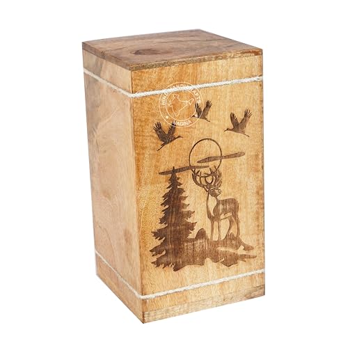 Image of Handcrafted Floral Engraved Wooden Urns for Human Ashes Adult Large - Cremation Urn for Ashes - Burial Urn for Columbarium - Funeral Urn Box (Buck Deer 3, 250 LB - Hardwood)