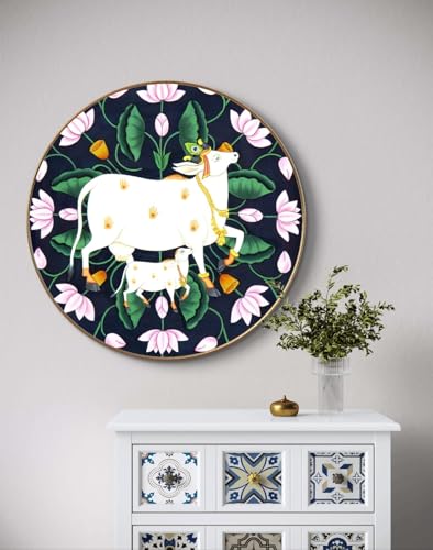 Image of SAF Large Round Pichwai Cow Wall Painting with golden frame Vinyl Sparkle laminated||Home decor Painting,Living Room, Bedroom,Office Room Decor - Painting for Wall Decoration GRL-07A