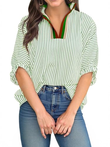 Tankaneo Womens V Neck Striped Blouse Oversized Dolman Sleeve Tops Summer Casual Loose Fit Polo Shirts, Grass Green, Small
