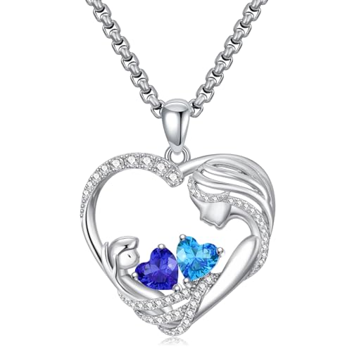 Mother and Daughter/Son Necklace with 2 Heart Birthstone, Forever Love Heart Jewelry Christmas Valentines Mothers Day Birthday Gifts for Women Grandma Mom From Daughter Son