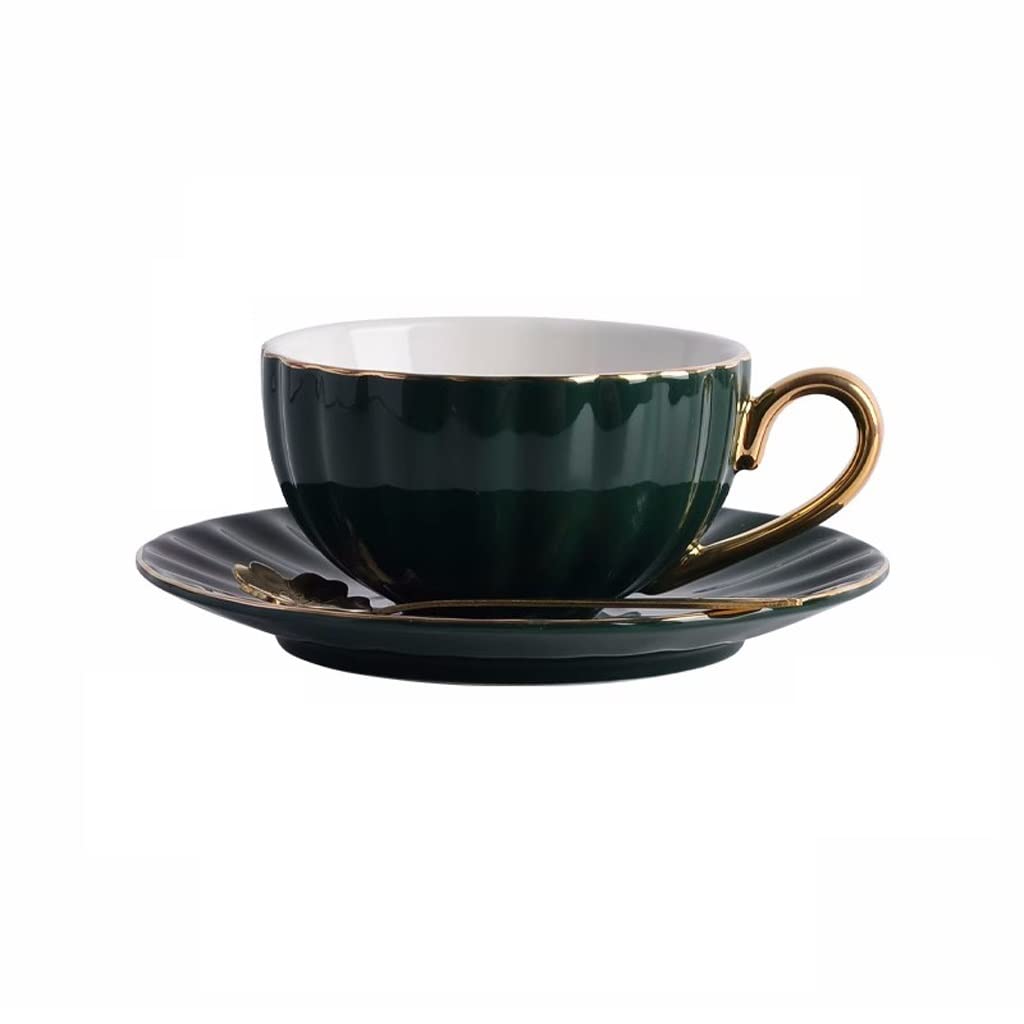 Nff Dark Green Tea Cup And Saucer Set, Ceramic Coffee Cup And Saucer Vintage Gold Rimmed Afternoon Tea Cup Set Suitable For Coffee, Tea, Milk, 230Ml (Color : )