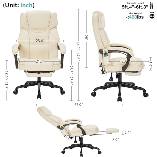 Image of Massage Office Chair with Foot Rest 6 Points Vibration and Heat Home Office Desk Chairs for Heavy People 400lbs Reclining Managerial Chairs Ergonomic Executive Chair (Cream)