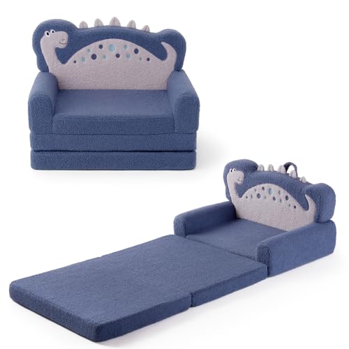 Image of Blissful Diary Kids Couch, 2-in-1 Soft Toddler Couch Fold Out, Toddler Chair Comfy, Convertible Sofa to Lounger, Kids Furniture for Playroom, Gift for Birthday, Children's Day, Blue Dinosaur