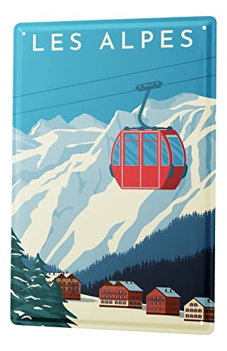 Blechschild Retro - Vintage Metall-Poster für das Wohnzimmer - Ski Les Alpe Seilbahn Motiv - 30 x 40 cm Cover