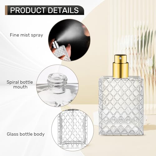 6 Pcs 50ml/1.7oz Glass Perfume Spray Bottles with Gold Lid Empty Square Fine Mist Sprayer Refillable Atomizer Pump Bottle for Water Alcohol Toner Essential Oils,2 Pipettes,2 Funnels3