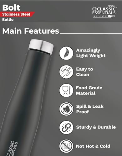 Image of CLASSIC ESSENTIALS Stainless Steel PURO Water Bottle 100% Leak Proof | Office Bottle | Gym Bottle | Hiking & Treking Bottle | Steel Water Bottle 1000 ml Bottle (Set of 2) (Black)