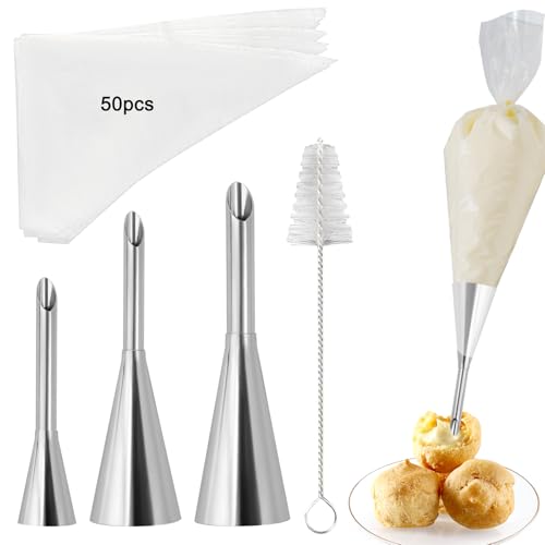 3 Pcs Puff Cream Filling Piping Tips Kit Stainless Steel Long Icing Piping Nozzle Tips With 50 Disposable Pastry Piping Bags and Tip Cleaning Brush for Filling Donuts Cupcakes Eclairs Decorating Tool