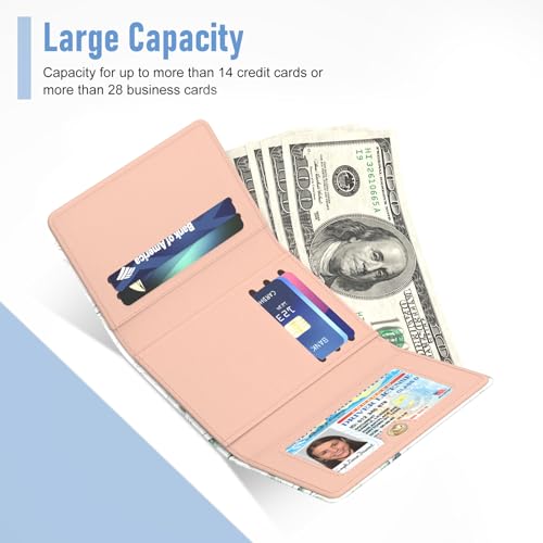 Image of Rouidr Womens Wallet, Small Slim RFID Card Wallets for Women, Cute Front Pocket Trifold Leather Card Organizer with 7 Slots & ID Window, Eucalyptus Leaf