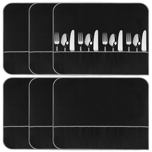 Lot de 6 pochetLot de 6 Pochettes de Protection Anti-ternissement pour Argent, Rouleau de Protection Noir avec Ruban Blanc, pour Ranger Les Couverts