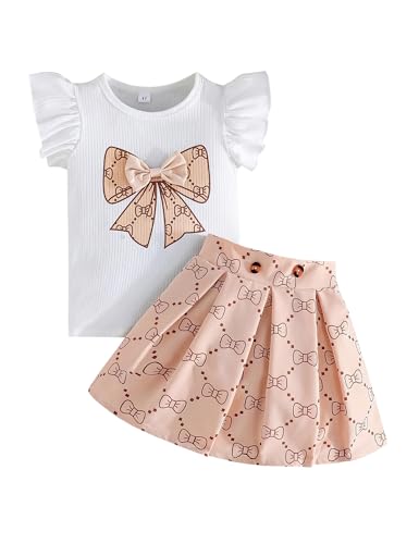 Image of Azmxynol Toddler Girls Clothes Cap Sleeve T-Shirt + Bowknot Print 2pcs Summer Shorts Outfit Set For Girls, Size 4-8 Years