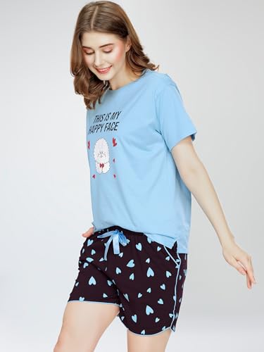 Image of ZEYO Night Suit for Women's Typography Printed Cotton Night Dress of Top and Shorts