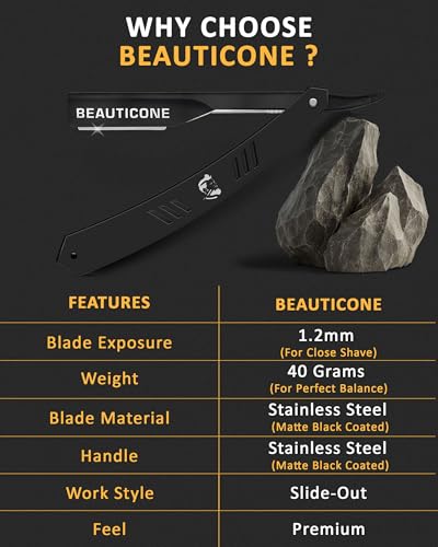 Image of BEAUTICONE Barber Straight Razor for Men - Professional Shavette with Slide-Out Blade Holder, 20 Stainless Steel Blades Included, Cut Throat Razor, All Black