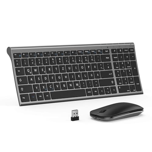 seenda WGJP-031B Tastatur Maus Set Kabellos, Wiederaufladbare Kleine Funktastatur mit Maus, Leise Tastatur mit Aluminiumgehäuse für PC/Laptop/Smart TV, QWERTZ Layout, Grau