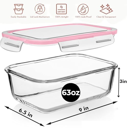 Image of Razab 4 PC 1860ml / 63 Oz / 8 Cups Large Glass Food Storage Containers with Lids - Glass Meal Prep Containers for Roasting & Storing Leftover, Lunch Container with Lids, Microwave & Oven Safe