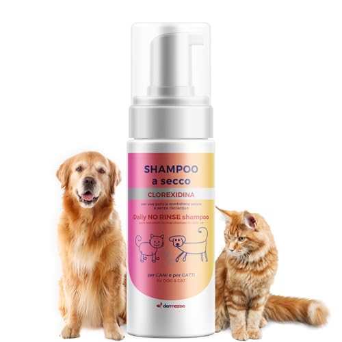 Dermazoo Shampoo secco per cani e gatti con clorexidina senza risciacquo, 190 ml, mousse per uso rapido e completo, shampoo per cani e gatti inodore