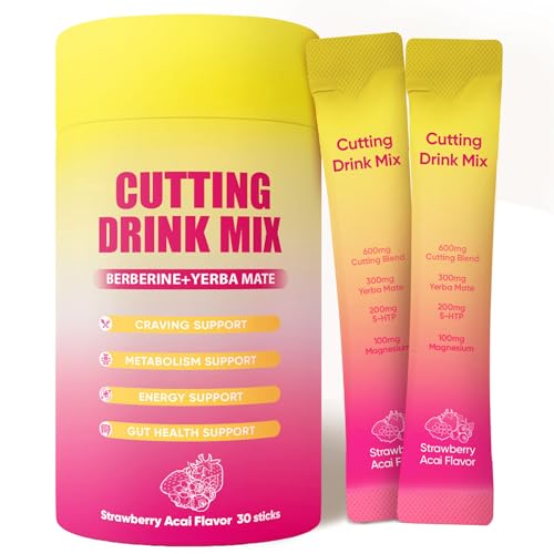 Cutting Drink Mix with Berberine Chromium FOS Yerba Mate & 5-HTP Sugar-Free Vegan Powder Sticks for Daily Wellness Gut Support & Energy Routine Strawberry Acai 30 Sticks (1)