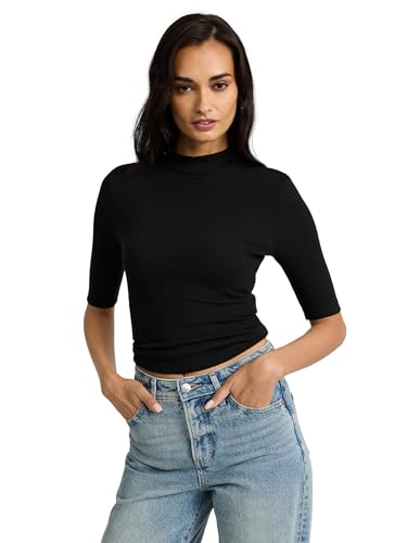 EXPRESS Women’s Ribbed Mock Neck Tee – Elbow Sleeve, Stretch, Fitted Layering Top