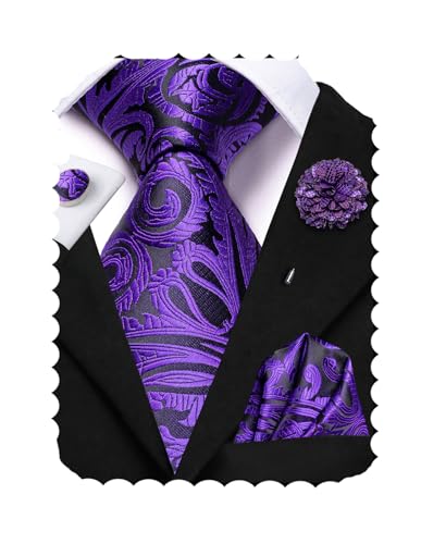 Image of Hi-Tie Men's Tie Lapel Pin Set Pocket Square Cufflinks Formal Woven Silk Tie Sets Wedding Party