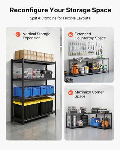 Image of VEVOR Storage Shelves, 4-Tier Adjustable, 2400 lbs Capacity, Heavy Duty Garage Storage Shelving Unit, Metal Utility Rack Shelf, for Garage Workshop Warehouse Basement, 40.55 inch W x 20.55 inch D x 60.2 inch H